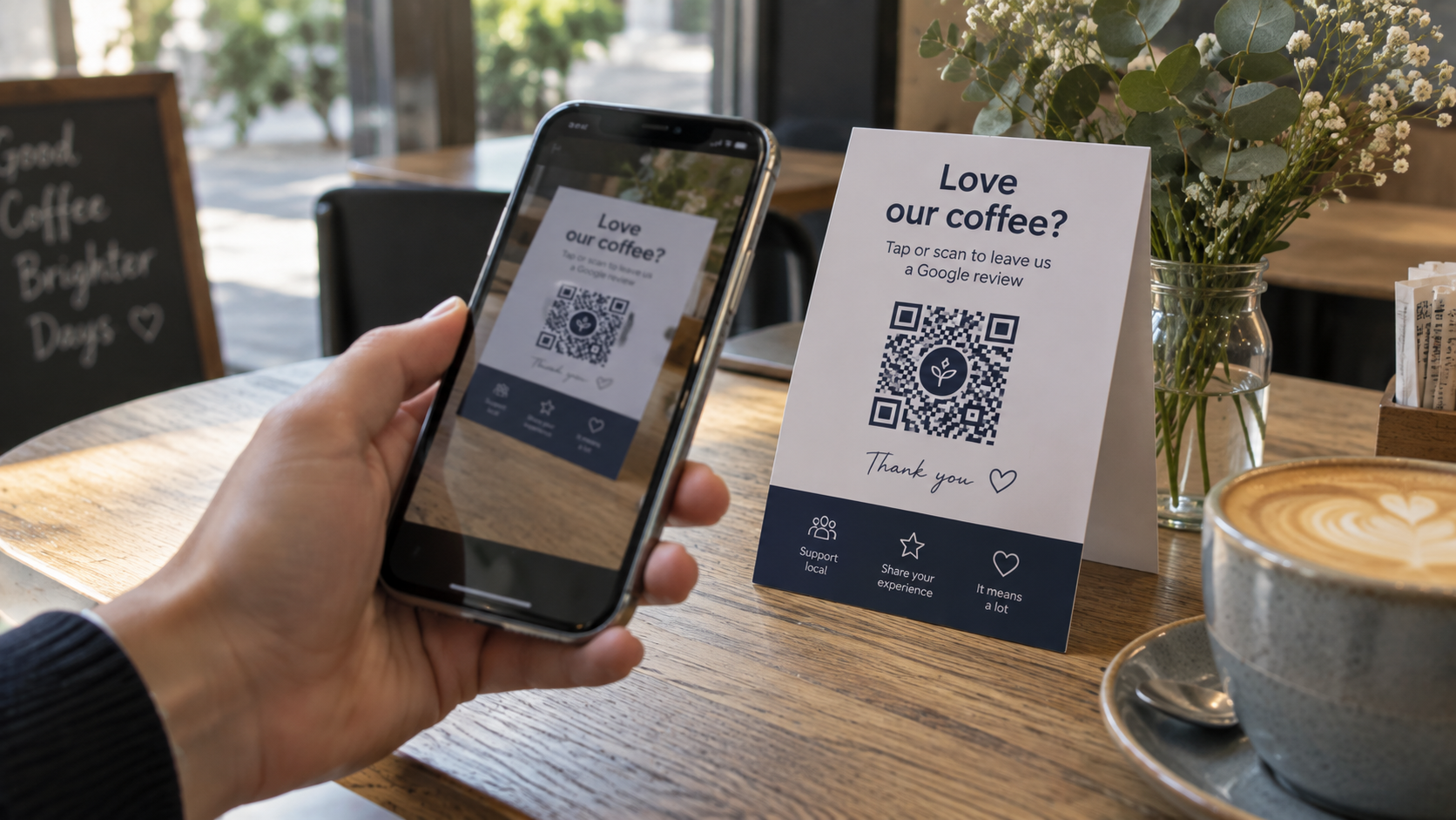 A customer tapping a branded Taproo QR review standee in a UK café