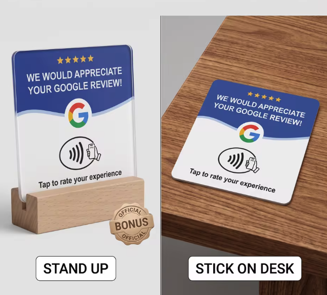 Google Review NFC Wooden Stand — Acrylic Google review display on a wooden base, second design