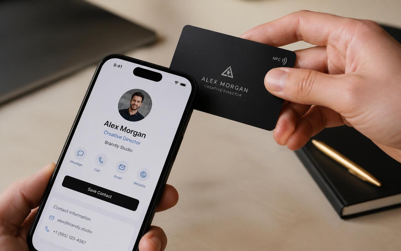 A hand tapping a matte black NFC business card against an iPhone showing a digital contact page with a Save Contact button