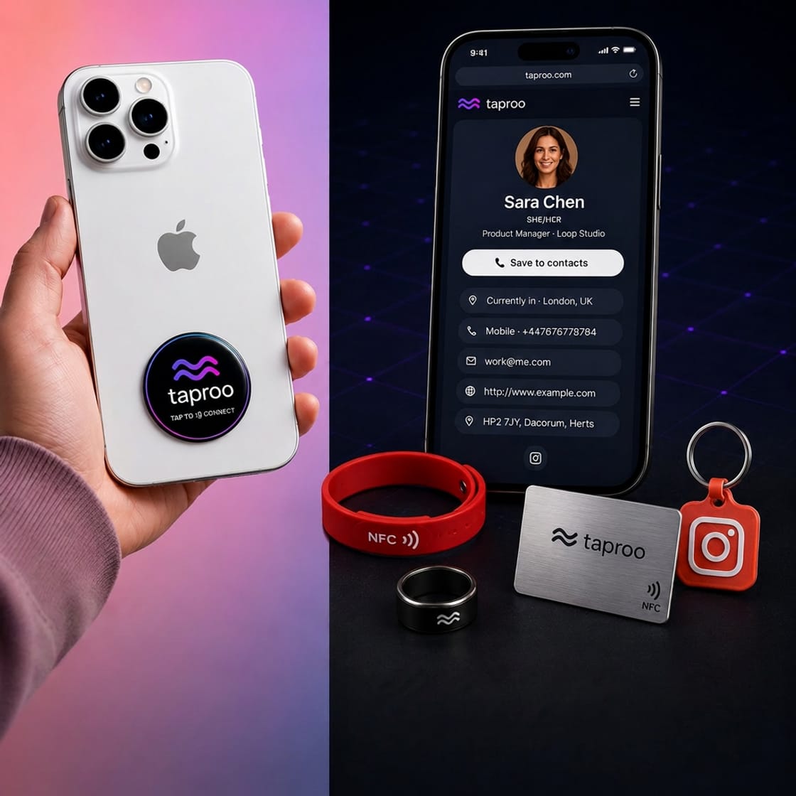 Taproo NFC product range — NFC phone disc, smart ring, silicone wristband, metal business card, keychain tag and digital profile page on iPhone