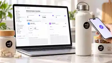 Taproo Routine Hub dashboard beside black NFC stickers on a water bottle, medication jar and pet food container