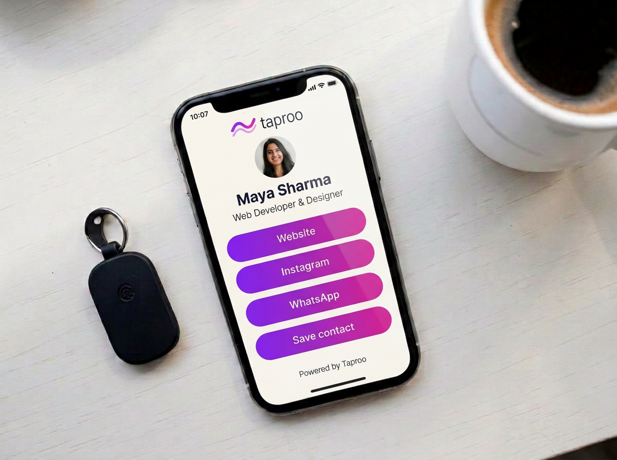 A phone showing a Taproo page next to an NFC keychain