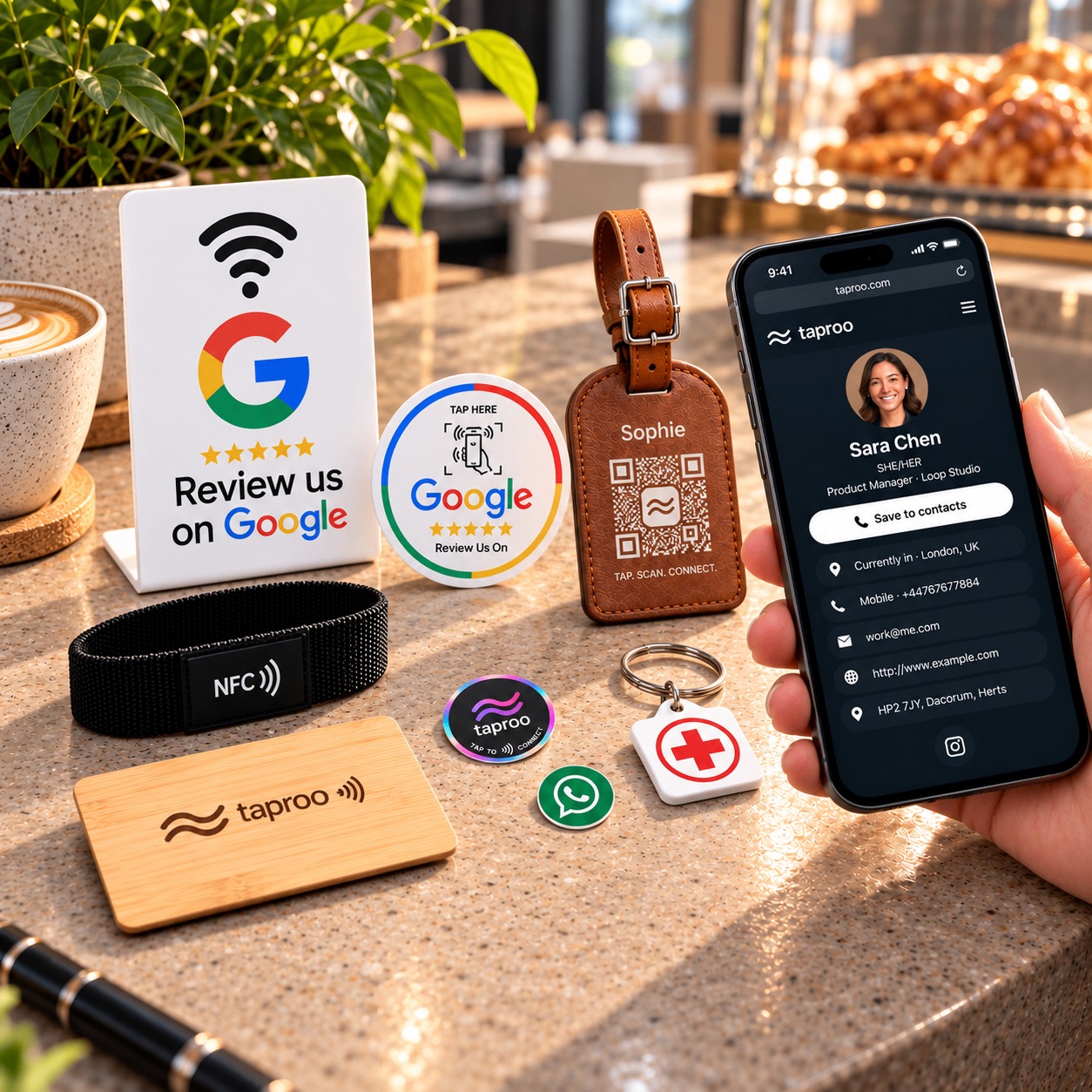 Taproo NFC and QR product range — Google Review standing card and round sticker, NFC wristband, leather QR luggage tag, bamboo NFC card, keychain tags and a digital profile page on iPhone